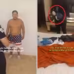 Moment when Maria Corina Machado security detail is found wearing shorts with the US flag by Venezuelan law enforcement agents in a hotel in Caracas next to a photo of a blue purse found in his possession that he claimed was given to him by Machado herself. Photo: Screenshot IG/@vtv_canal8.