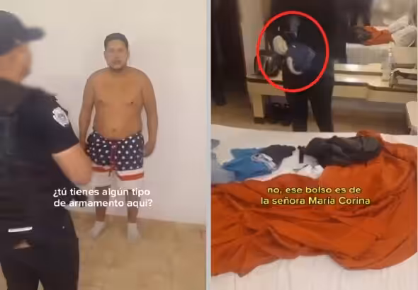 Moment when Maria Corina Machado security detail is found wearing shorts with the US flag by Venezuelan law enforcement agents in a hotel in Caracas next to a photo of a blue purse found in his possession that he claimed was given to him by Machado herself. Photo: Screenshot IG/@vtv_canal8.