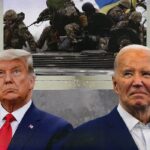 US President Donald Trump (left), former President Joe Biden (right) and Ukrainian troops (background). Photo: Batoul Chamas/Al Mayadeen English.