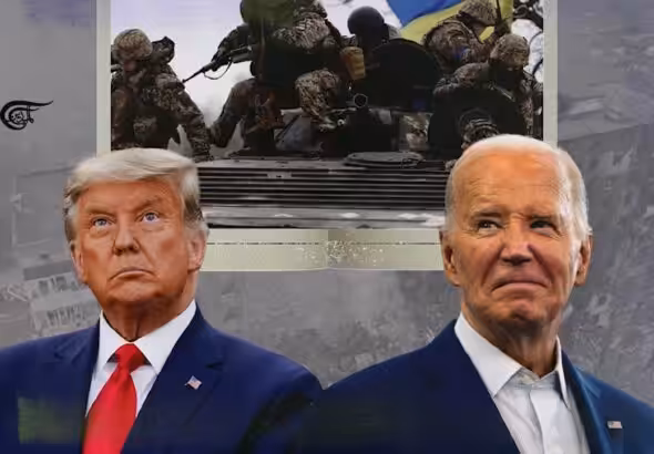 US President Donald Trump (left), former President Joe Biden (right) and Ukrainian troops (background). Photo: Batoul Chamas/Al Mayadeen English.
