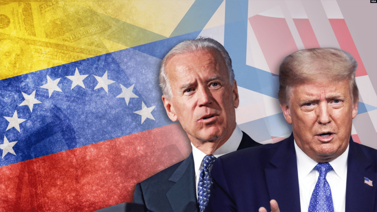 Photo composition portraying US President Donald Trump and former president Joe Biden with a Venezuelan flag in the background. Photo: VOA/file photo.