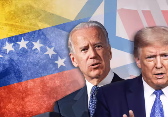 Photo composition portraying US President Donald Trump and former president Joe Biden with a Venezuelan flag in the background. Photo: VOA/file photo.