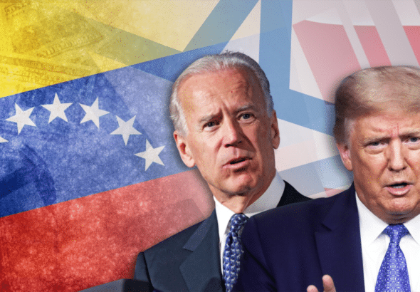 Photo composition portraying US President Donald Trump and former president Joe Biden with a Venezuelan flag in the background. Photo: VOA/file photo.