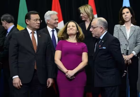 Canadian Minister of Foreign Affairs Chrystia Freeland (middle) stands with her Peruvian counterpart Nestor Francisco Popolizio Bardales (front left) Argentina’s Jorge Marcelo Faurie (front right), British Minister Responsible for the Americas and Europe Alan Duncan (middle back left) and United States Ambassador to Canada Kelly Craft (middle back right) during the 10th ministerial meeting of the Lima Group in Ottawa on Monday, Feb. 4, 2019. Photo: Sean Kilpatrick/Canadian Press/file photo.
