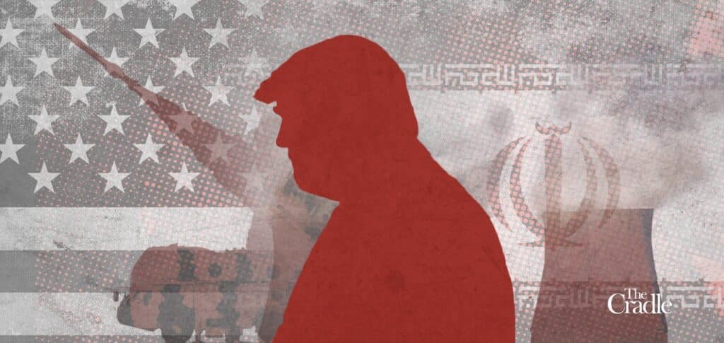 A silhouette of the US Regime's figurehead Donald Trump over a backdrop of the US Empire's flag (Left) as well as the Islamic Republic of Iran's (Right). Photo: Cradle.