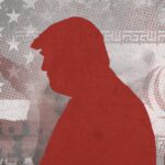 A silhouette of the US Regime's figurehead Donald Trump over a backdrop of the US Empire's flag (Left) as well as the Islamic Republic of Iran's (Right). Photo: Cradle.