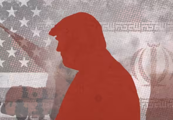 A silhouette of the US Regime's figurehead Donald Trump over a backdrop of the US Empire's flag (Left) as well as the Islamic Republic of Iran's (Right). Photo: Cradle.
