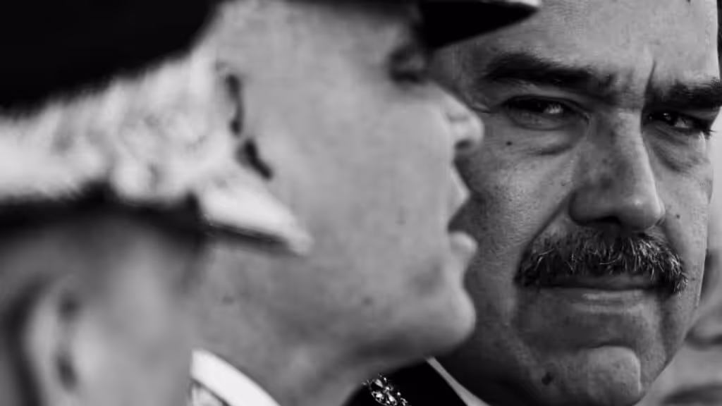 Close-up of Venezuelan President Nicolas Maduro with a “strong man look,” next to Defense Minister Vladimir Padrino. Photo: Juan Barreto/AFP via The New York Times.
