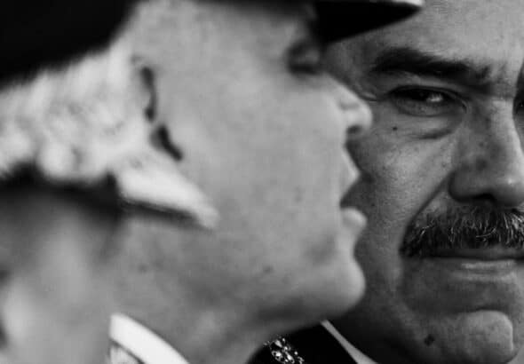 Close-up of Venezuelan President Nicolas Maduro with a “strong man look,” next to Defense Minister Vladimir Padrino. Photo: Juan Barreto/AFP via The New York Times.