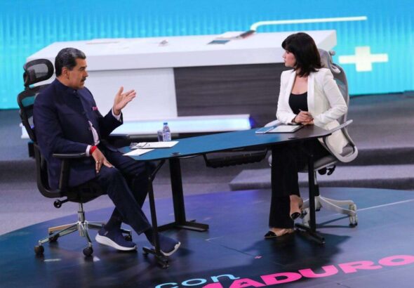 Venezuelan President Nicolas Maduro talking with a journalist during his program Con Maduro+ on Monday, February 17, 2025. Photo: Presidential Press.