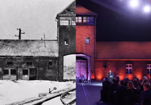 An image of World War II Auschwitz, superimposed on the recent commemoration of the liberation of Auschwitz to which its liberators were not invited. Photo: Sean Gallup/Bettmann/Gettyimages.ru.