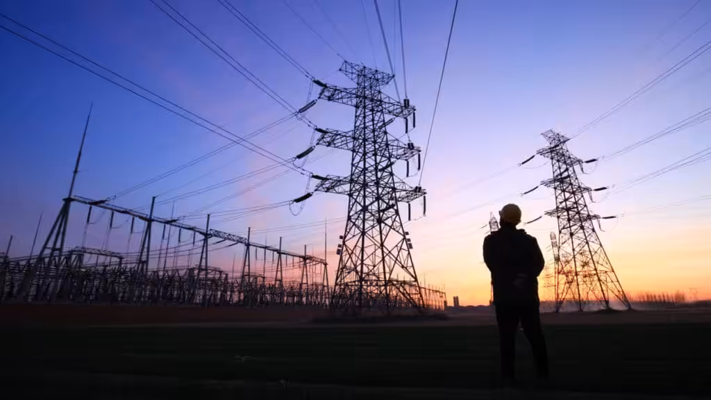 Power lines and a worker at sunset. Photo: Zhengzaishuru/Getty Images.