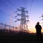 Power lines and a worker at sunset. Photo: Zhengzaishuru/Getty Images.