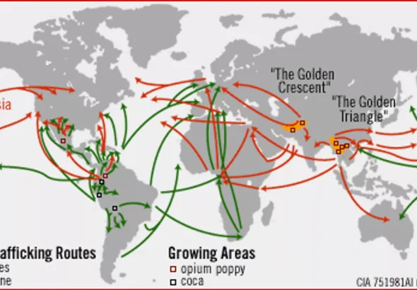 World map showing major drug growing areas and drug routes. Photo: CIA/Wikipedia.