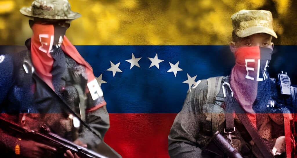 Photo composition showing two ELN members with the Venezuelan flag in the background. Photo: UWI.