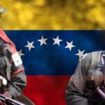 Photo composition showing two ELN members with the Venezuelan flag in the background. Photo: UWI.