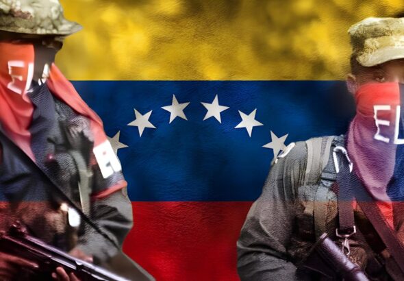 Photo composition showing two ELN members with the Venezuelan flag in the background. Photo: UWI.