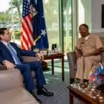US SOUTHCOM Chief Admiral Alvin Holsey (right) talking with newly appointed US Secretary of State Marco Rubio (left) during the latter's visit to the SOUTHCOM headquarters in Doral, Florida on February 7, 2025. Photo: X/@USAenEspanol