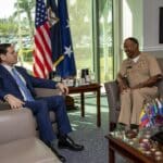 US SOUTHCOM Chief Admiral Alvin Holsey (right) talking with newly appointed US Secretary of State Marco Rubio (left) during the latter's visit to the SOUTHCOM headquarters in Doral, Florida on February 7, 2025. Photo: X/@USAenEspanol