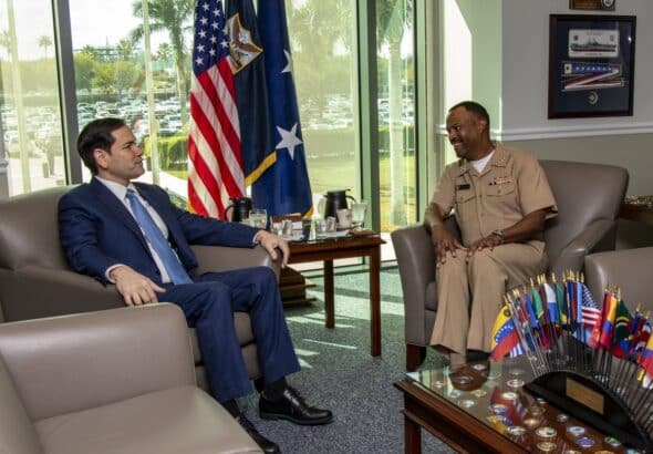 US SOUTHCOM Chief Admiral Alvin Holsey (right) talking with newly appointed US Secretary of State Marco Rubio (left) during the latter's visit to the SOUTHCOM headquarters in Doral, Florida on February 7, 2025. Photo: X/@USAenEspanol