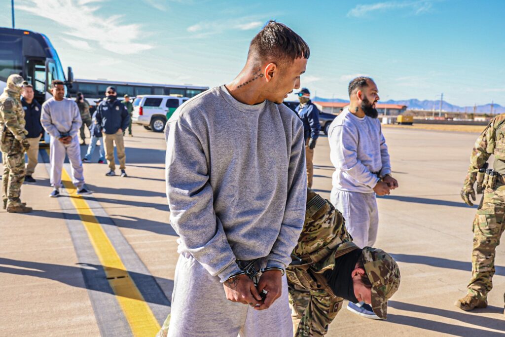Migrants detained in the US being deported to the occupied Guantánamo Bay. Photo: X/@Sec_Noem.