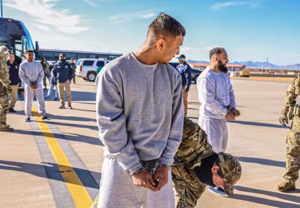 Migrants detained in the US being deported to the occupied Guantánamo Bay. Photo: X/@Sec_Noem.