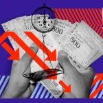 Compilation image depicting an oil rig in the background and two hands in the forefront holding bolívars. Photo: Venezuelanalysis.