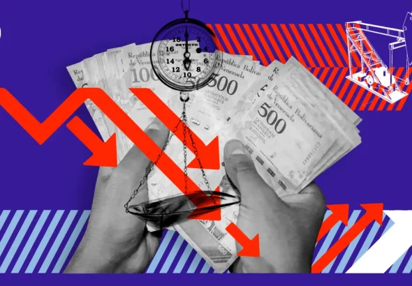 Compilation image depicting an oil rig in the background and two hands in the forefront holding bolívars. Photo: Venezuelanalysis.