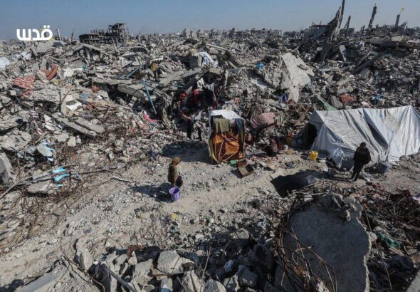 Scene of widespread destruction in Jabalia refugee camp in northern Gaza, result of the Zionist entity's genocidal aggression of 471 days. Photo: Quds News Network.