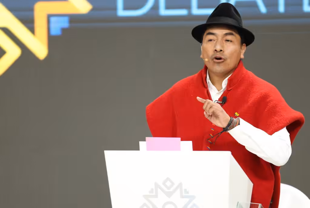 Ecuadorian indigenous leader Leonidas Iza at the presidential candidates' debate, January 19, 2025. Photo: X/@CONAIE_Ecuador.