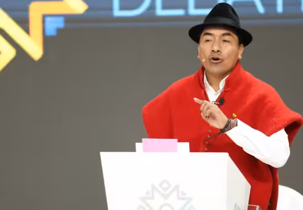 Ecuadorian indigenous leader Leonidas Iza at the presidential candidates' debate, January 19, 2025. Photo: X/@CONAIE_Ecuador.