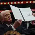 President of the US empire, Donald Trump, presents an executive order during his inaugural parade, January 20, 2025. Photo: Reuters/Carlos Barria.