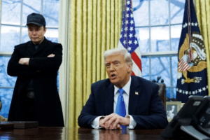 Elon Musk and US President Donald Trump. Photo: Aaron Schwartz/Bloomberg.