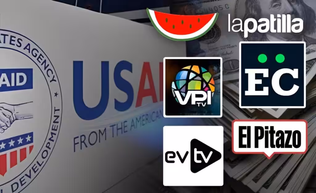 Photo composition showing the logos of "independent" Venezuelan news outlets La Patilla, VPI, Efecto Cocuyo, EVTV, and El Pitazo with the USAID logo and US dollar bills in the background. Photo: CiudadCCS.