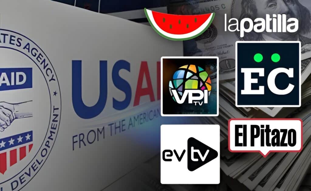 Photo composition showing the logos of "independent" Venezuelan news outlets La Patilla, VPI, Efecto Cocuyo, EVTV, and El Pitazo with the USAID logo and US dollar bills in the background. Photo: CiudadCCS.
