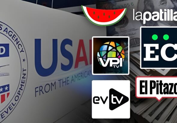 Photo composition showing the logos of "independent" Venezuelan news outlets La Patilla, VPI, Efecto Cocuyo, EVTV, and El Pitazo with the USAID logo and US dollar bills in the background. Photo: CiudadCCS.