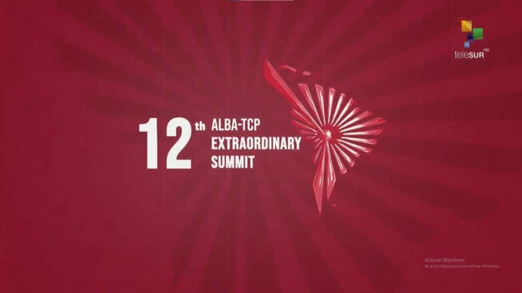 Banner for the 12th ALBA-TCP Extraordinary Summit. Photo: Telesur.
