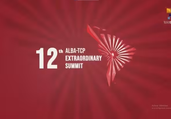 Banner for the 12th ALBA-TCP Extraordinary Summit. Photo: Telesur.
