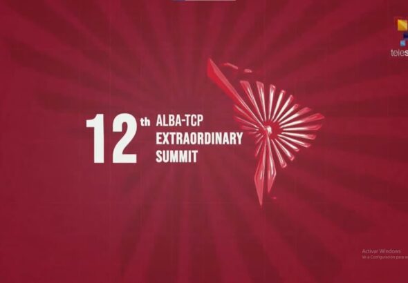 Banner for the 12th ALBA-TCP Extraordinary Summit. Photo: Telesur.