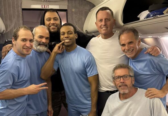 Six US nationals detained in Venezuela head home to the US with Donald Trump's envoy for special missions, Richard Grenell (third from right). The names of those released have been kept in reserve. Photo: X/@RichardGrenell.