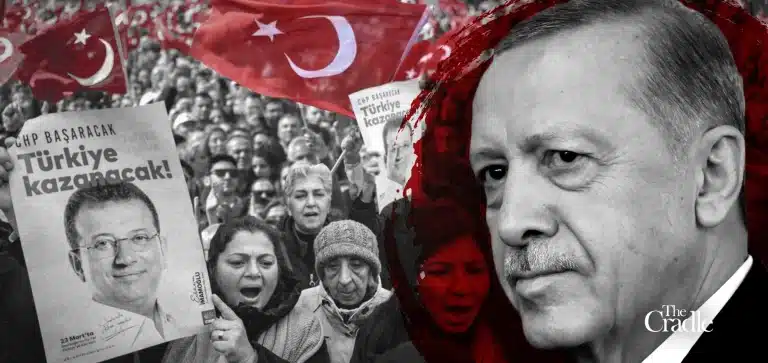 Compilation image showing protestors and Recep Erdoğan. Photo: The Cradle.