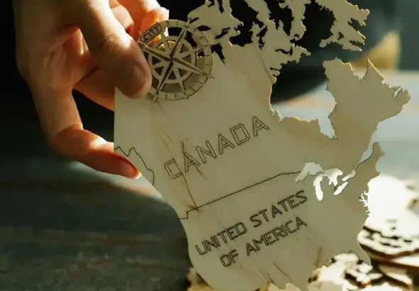Art showing Canada and the US Empire as a single wood block. Photo: Lara Jameson.