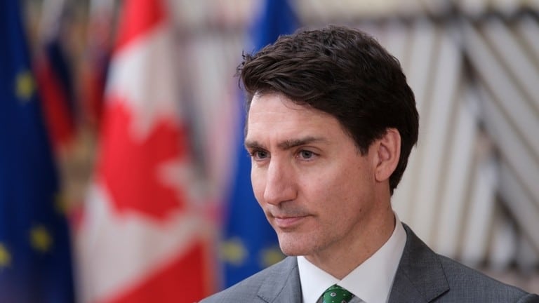 Prime Minister of Canada Justin Trudeau talks to reporters in Brussels on February 12, 2025. Photo: Thierry Monasse/Getty Images.