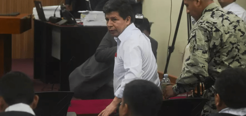 Ousted former Peruvian President Pedro Castillo, arrives for his trial on Tuesday, March 4, 2025. Photo: Guadalupe Pardo/AP.