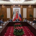 Chinese Foreign Minister Wag Yi (C), Russian Deputy Foreign Minister Sergei Ryabkov (4th R), and Iranian Deputy Foreign Minister Kazem Gharibabadi (4th L) attend a meeting regarding the Iranian nuclear issue at Diaoyutai State Guest House on March 14, 2025 in Beijing, China. Photo: AFP.