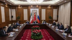 Chinese Foreign Minister Wag Yi (C), Russian Deputy Foreign Minister Sergei Ryabkov (4th R), and Iranian Deputy Foreign Minister Kazem Gharibabadi (4th L) attend a meeting regarding the Iranian nuclear issue at Diaoyutai State Guest House on March 14, 2025 in Beijing, China. Photo: AFP.