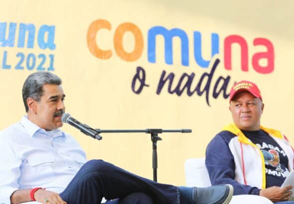 Venezuelan President Nicolás Maduro (left) next to Minister for Communes Ángel Prado (right), during an event with communal leaders in the 23 de Enero neighborhood in Caracas on March 5, 2025. Photo: Presidential Press.