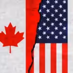 Illustration of flags of Canada and US on a cracked wall. File photo.