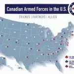 The image is a map of the United States showing the presence of the Canadian Armed Forces (CAF) in the country. At the top, there's a caption that reads: "Canadian Armed Forces in the U.S." Photo: Yves Engler/File photo.