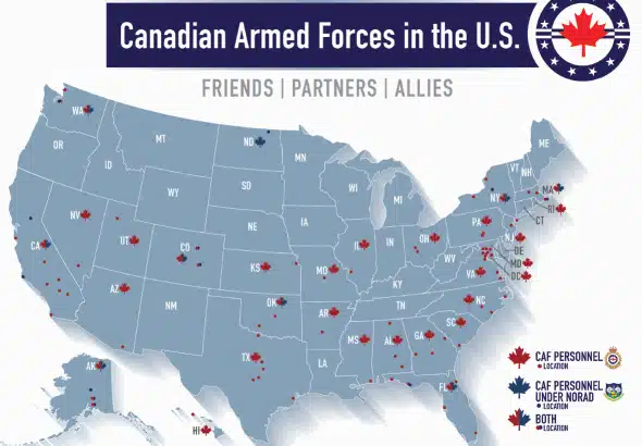 The image is a map of the United States showing the presence of the Canadian Armed Forces (CAF) in the country. At the top, there's a caption that reads: "Canadian Armed Forces in the U.S." Photo: Yves Engler/File photo.